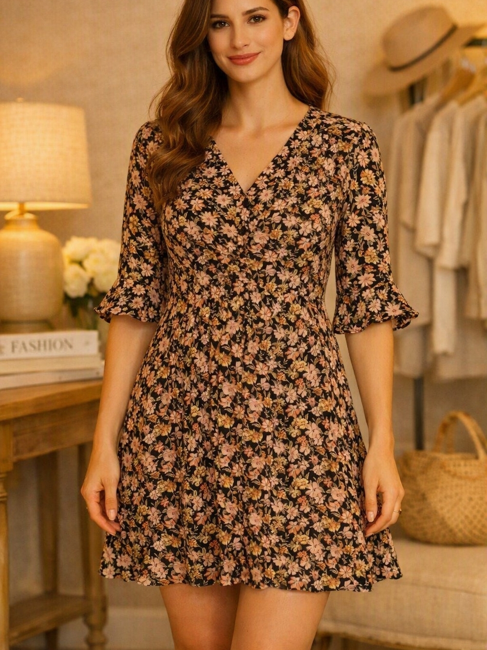 Free People Black Mini Dress with Blush Floral Print